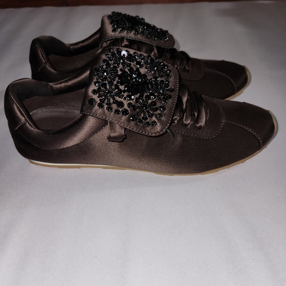 Anthropologie Jeffrey Campbell Shelter Sneakers Brown Satin Black Beaded 10 - Picture 5 of 10